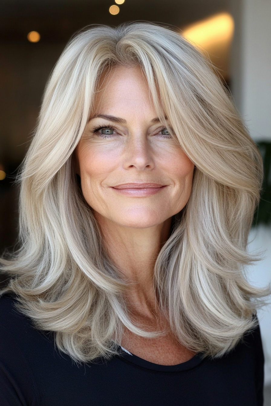 26. Soft Beige Blonde Lob with Layers (Hairstyles For Women Over 60) - Hairstyles For Women Over 60