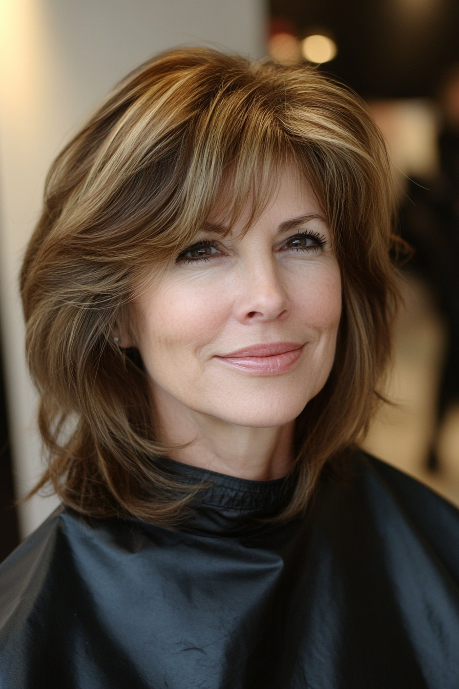 11. Wispy Bangs with Honey Brown Layers (Haircuts For Women Over 50) - Haircuts For Women Over 50