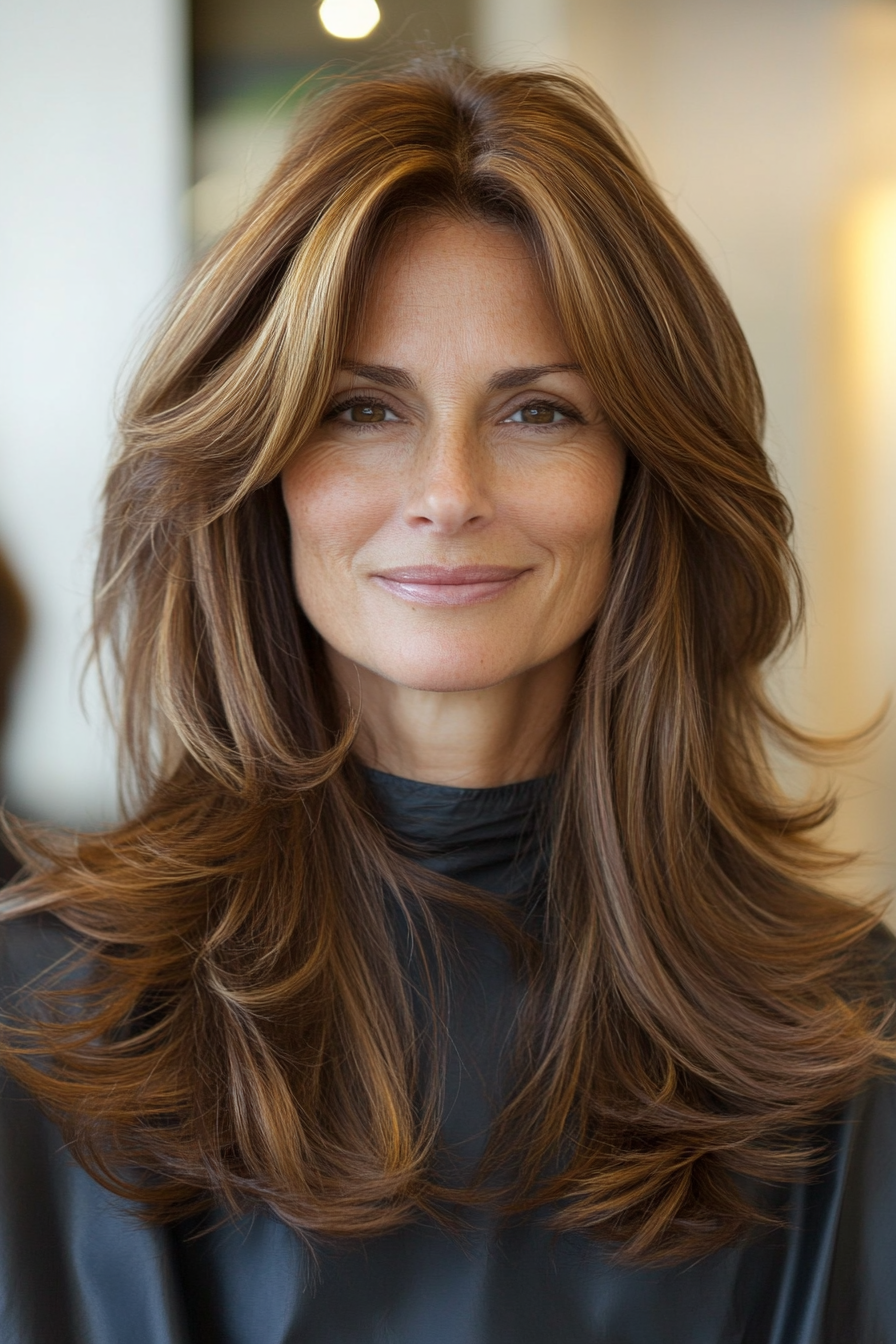 15. Long Layers in Caramel Brown (Haircuts For Women Over 50) - Haircuts For Women Over 50