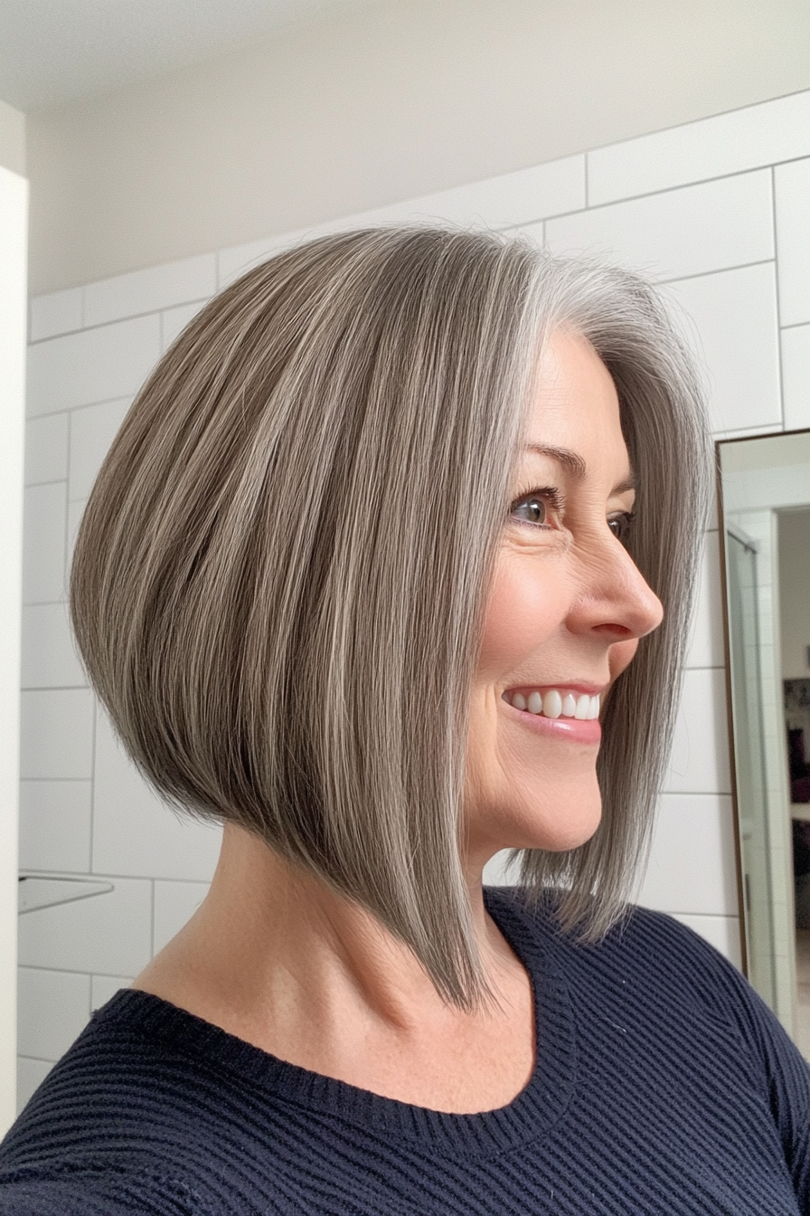 16. Angled Bob with Soft Silver Balayage (Haircuts For Women Over 50) - Haircuts For Women Over 50