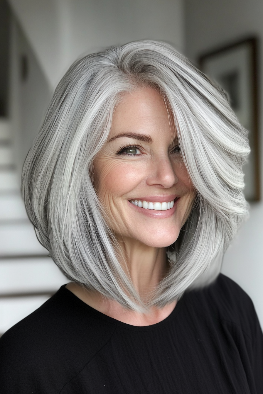 19. Layered Bob with Soft Silver Balayage (Haircuts For Women Over 50) - Haircuts For Women Over 50
