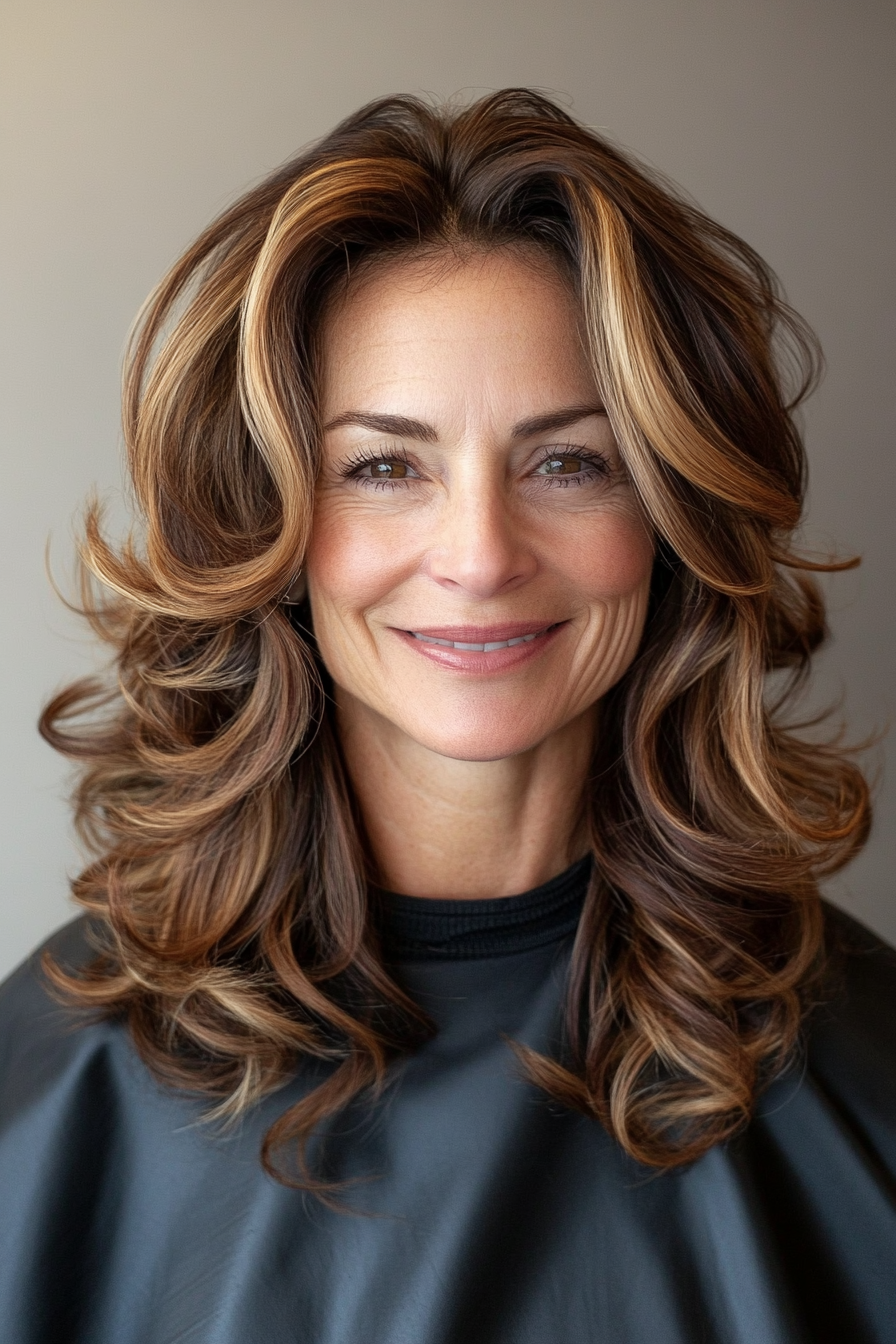 20. Curled Ends with Golden Brown Highlights (Haircuts For Women Over 50) - Haircuts For Women Over 50