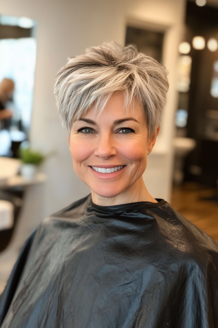 1. Layered Pixie with Salt and Pepper (Short Hairstyles For Women Over 50) - Short Hairstyles For Women Over 50