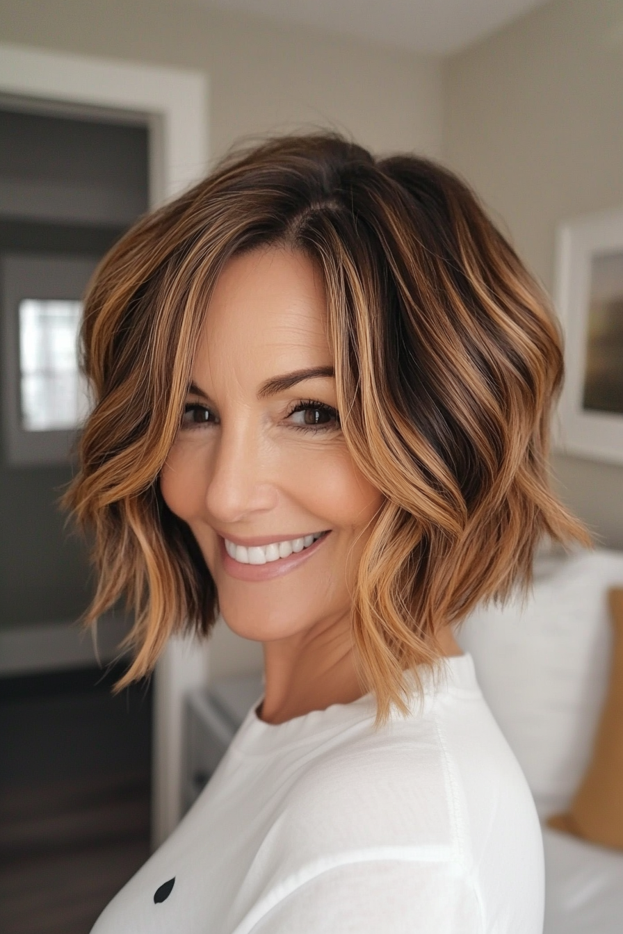 13. Wavy Lob in Caramel Highlights (Short Hairstyles For Women Over 50) - Short Hairstyles For Women Over 50