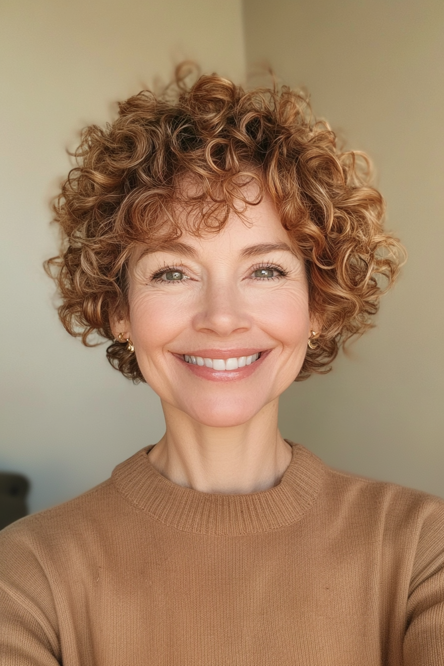 22. Curly Pixie in Warm Caramel (Short Hairstyles For Women Over 50) - Short Hairstyles For Women Over 50