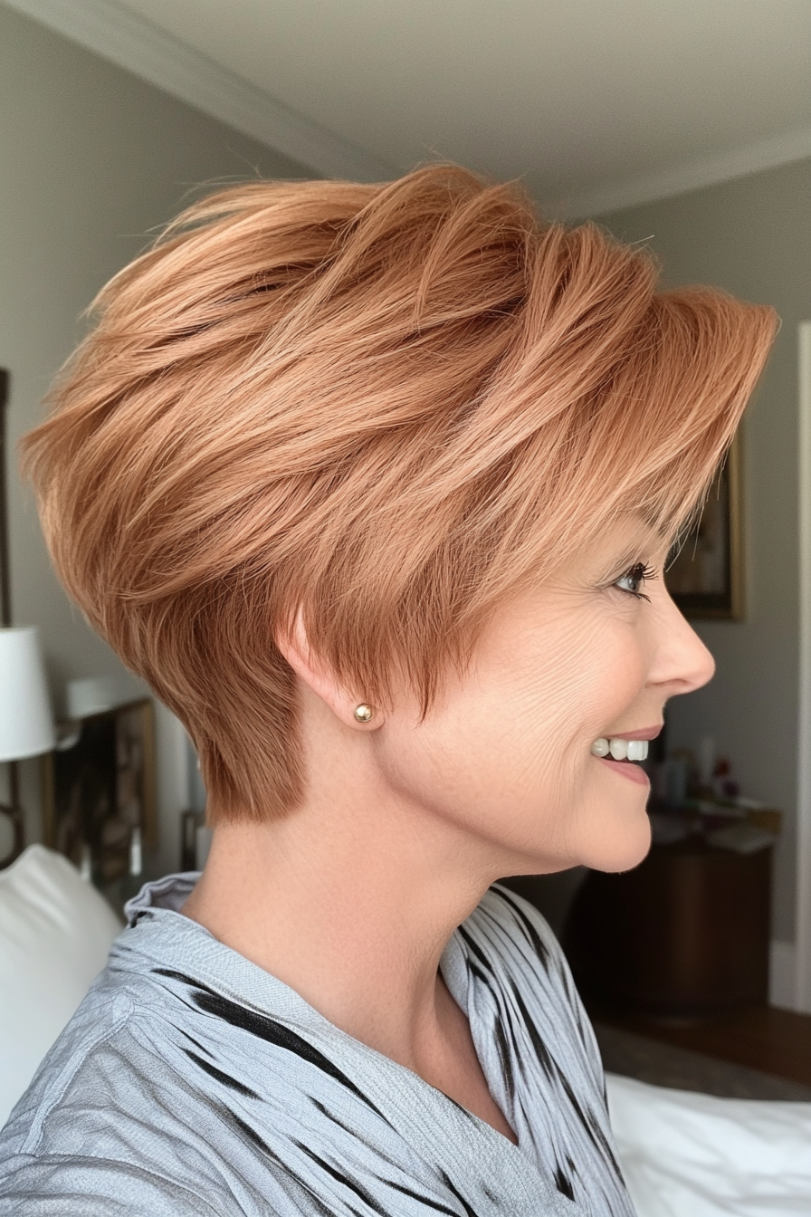 24. Stacked Layers in Light Copper (Short Hairstyles For Women Over 50) - Short Hairstyles For Women Over 50