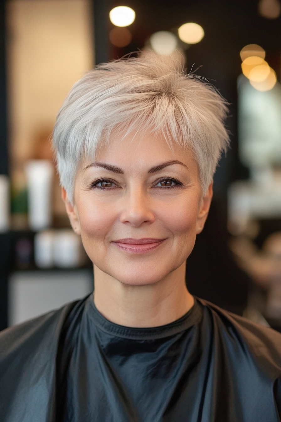 26. Wispy Pixie in Cool Silver (Short Hairstyles For Women Over 50) - Short Hairstyles For Women Over 50