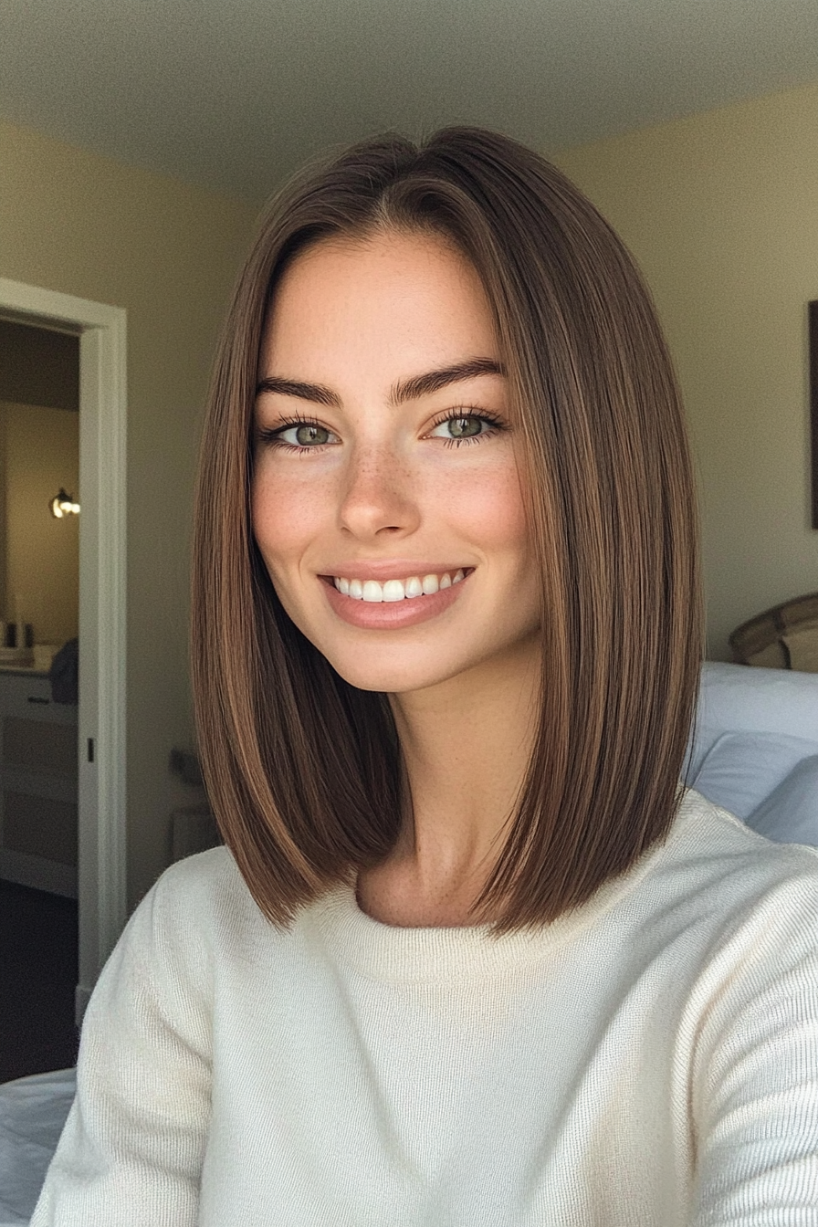 2. Blunt Cut with Chestnut Undertones (Shoulder Length Hairstyles) - Shoulder Length Hairstyles