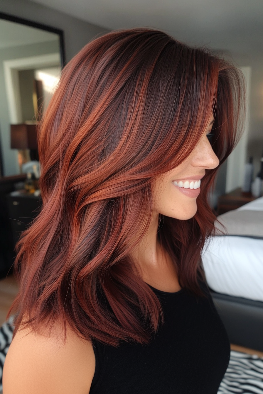 4. Curtain Bangs with Dark Auburn (Shoulder Length Hairstyles) - Shoulder Length Hairstyles