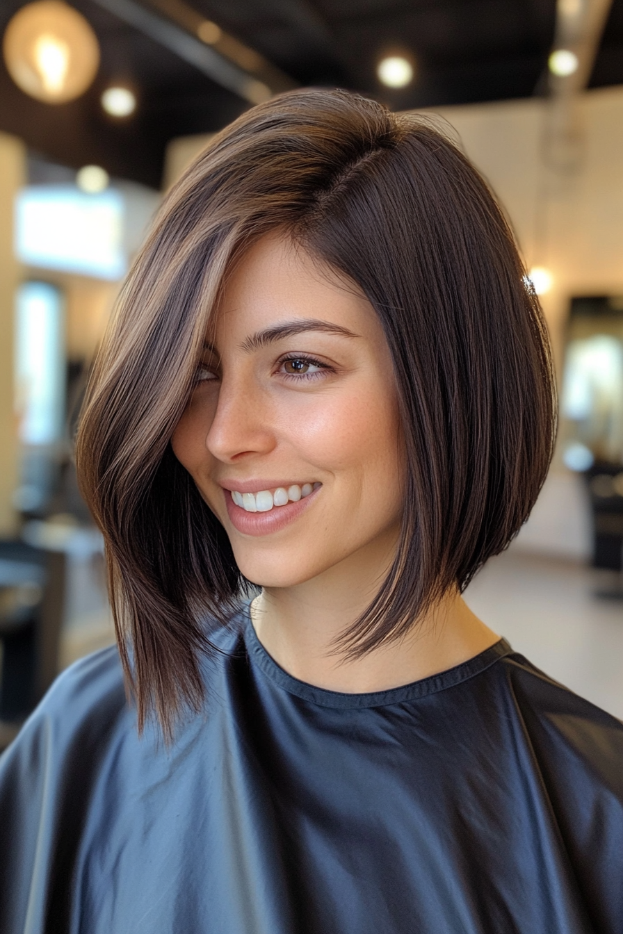 6. Asymmetrical Bob with Deep Brown (Shoulder Length Hairstyles) - Shoulder Length Hairstyles