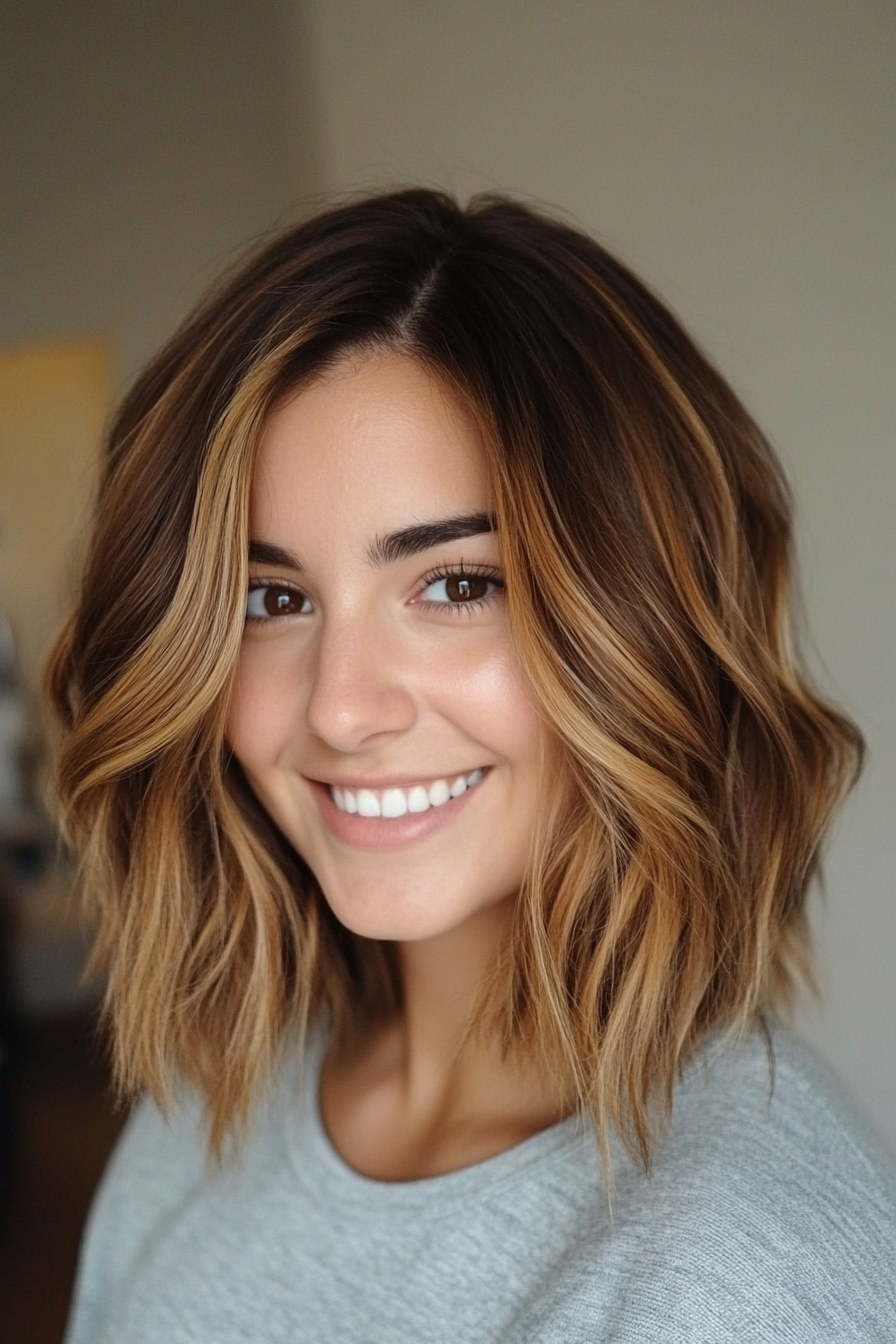 7. Textured Lob with Honey Highlights (Shoulder Length Hairstyles) - Shoulder Length Hairstyles