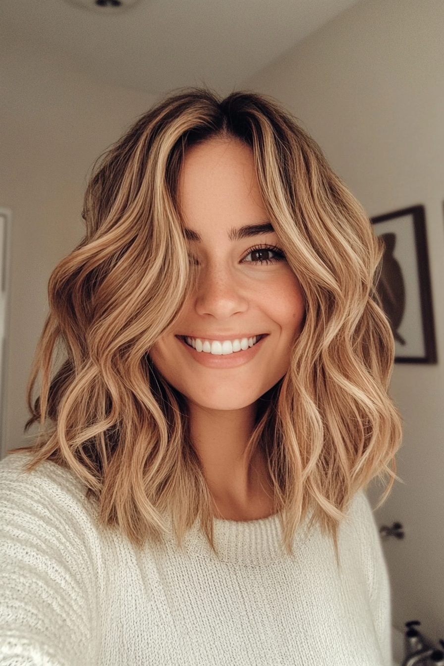 8. Wavy Lob with Warm Caramel (Shoulder Length Hairstyles) - Shoulder Length Hairstyles