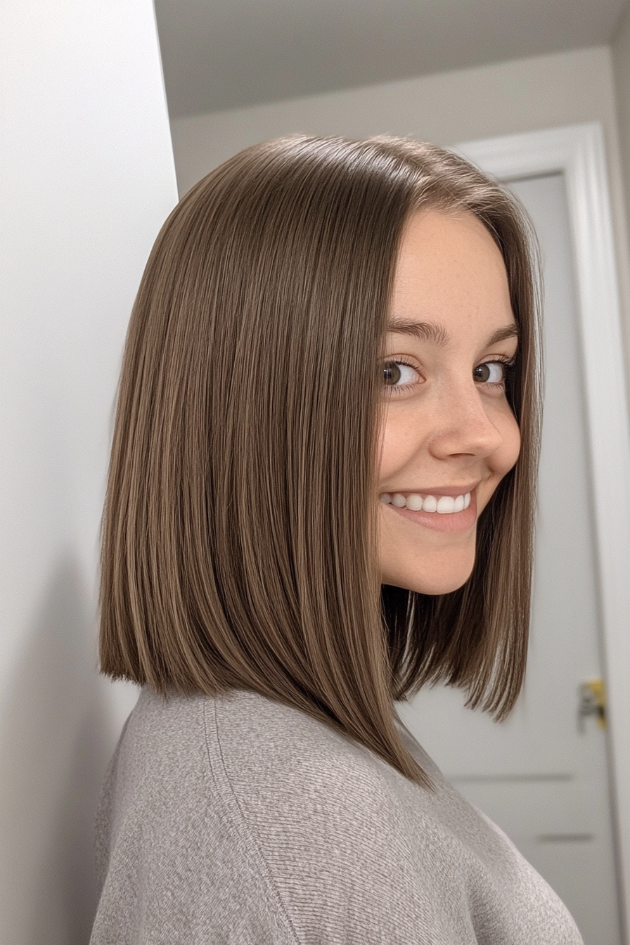 9. Sleek Straight Ash Brown Lob (Shoulder Length Hairstyles) - Shoulder Length Hairstyles