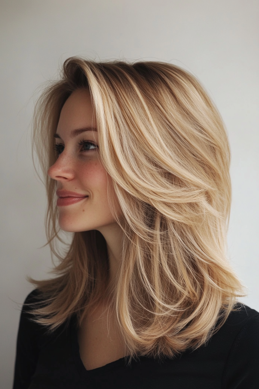 12. Face-Framing Layers with Sandy Blonde (Shoulder Length Hairstyles) - Shoulder Length Hairstyles