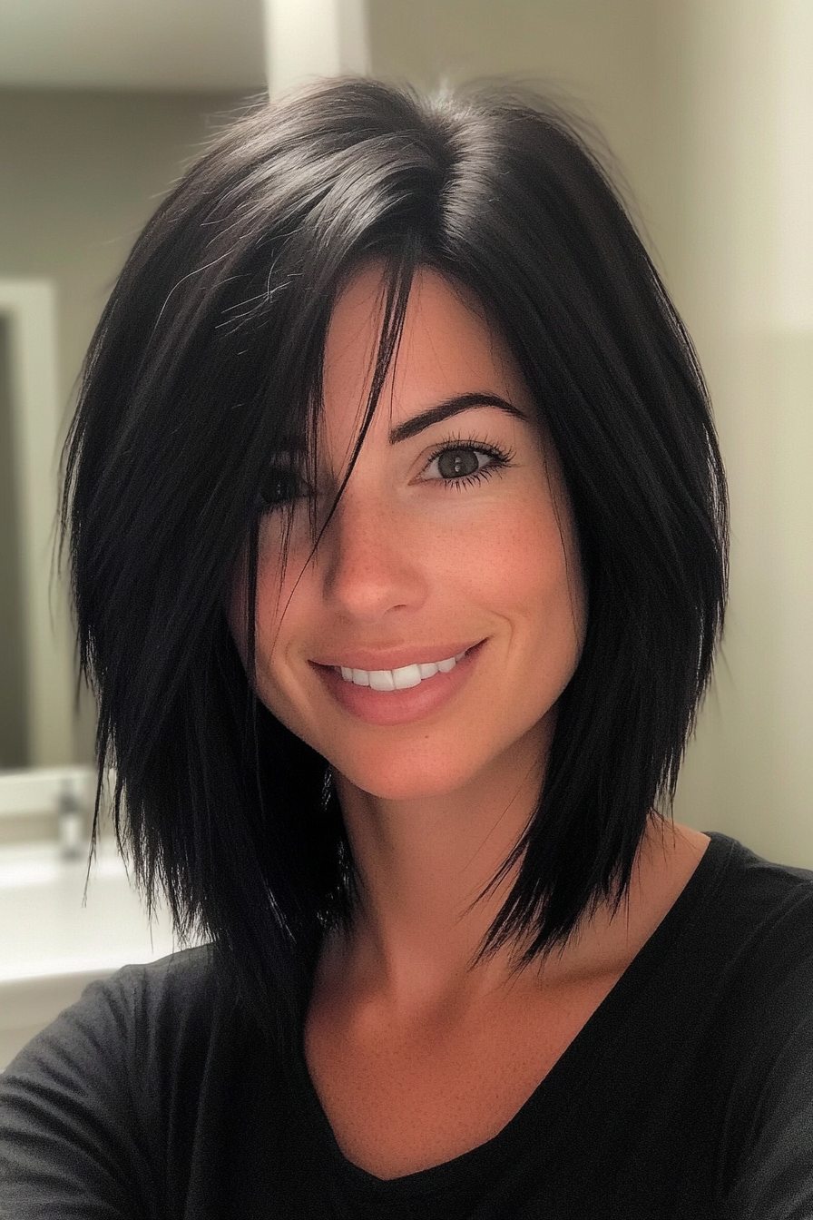 14. Modern Mullet with Natural Black (Shoulder Length Hairstyles) - Shoulder Length Hairstyles