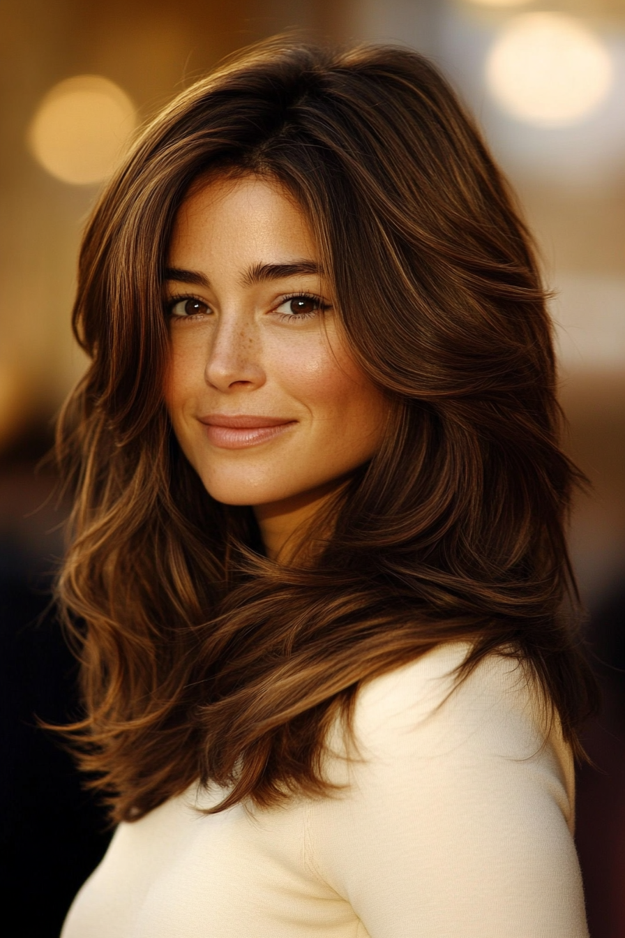 16. Layered Waves with Cinnamon Brown (Shoulder Length Hairstyles) - Shoulder Length Hairstyles