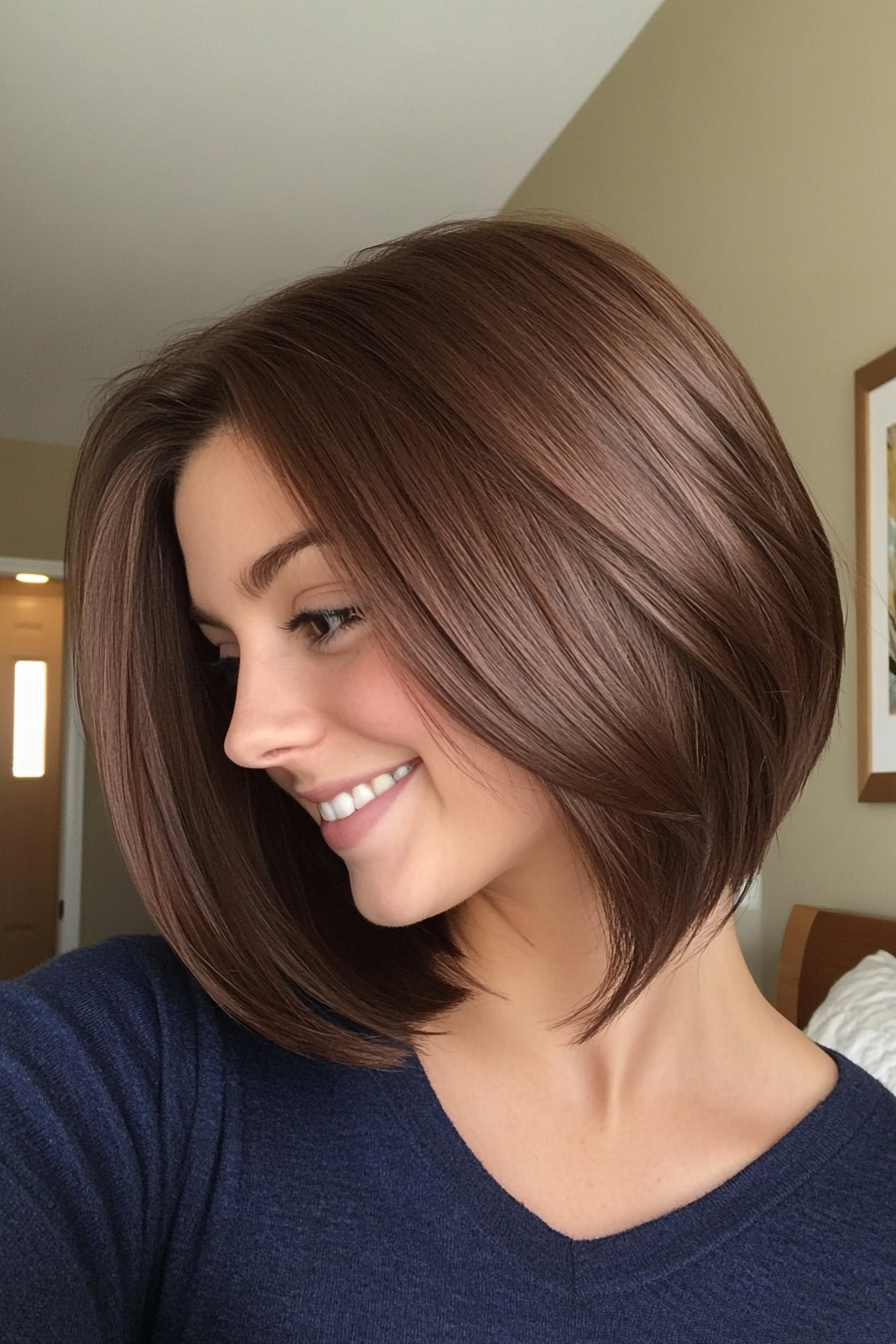 21. Sleek Side-Swept Lob with Rich Walnut (Shoulder Length Hairstyles) - Shoulder Length Hairstyles