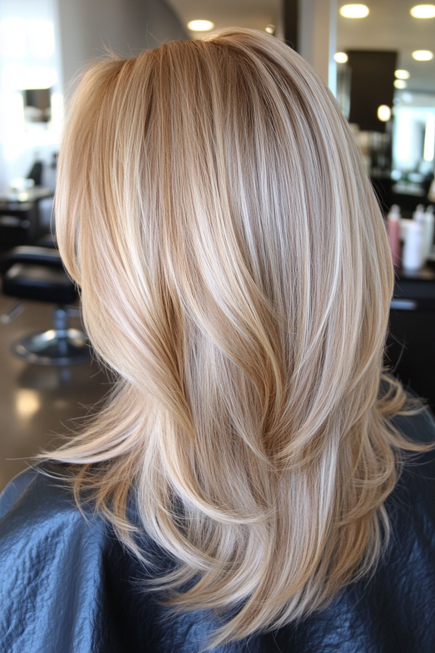 26. Blended Layers with Sun-Kissed Blonde (Shoulder Length Hairstyles) - Shoulder Length Hairstyles