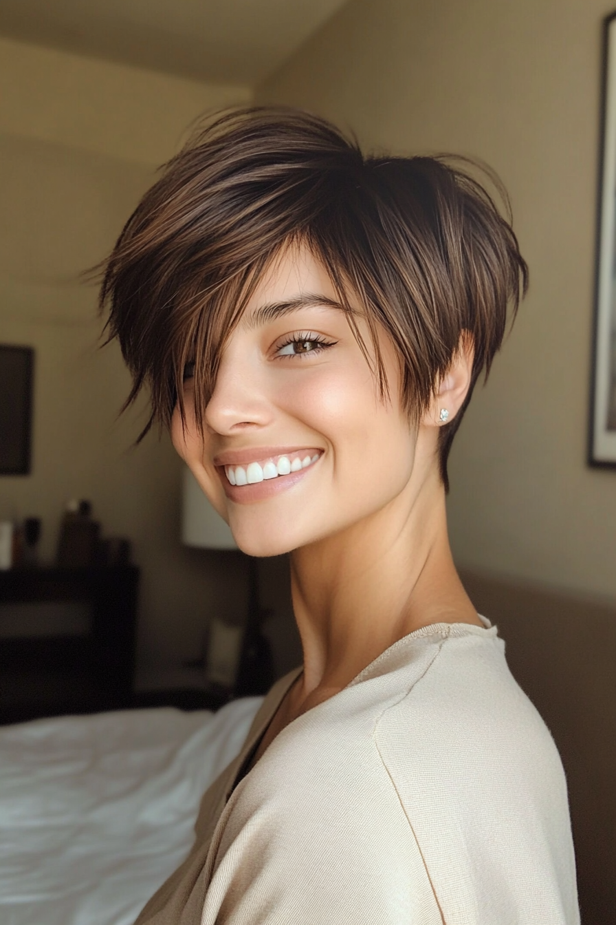 19. Side-Swept Pixie in Dark Caramel (Short Haircuts With Layers) - Short Haircuts With Layers