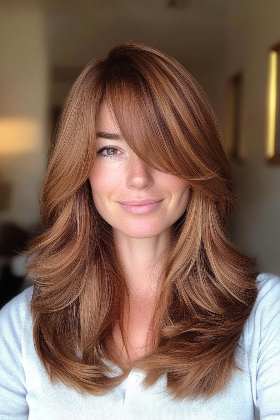 1. Soft Feathered Layers with Curtain Bangs in Warm Chestnut Brown (Haircuts With Bangs And Layers) - Haircuts With Bangs And Layers