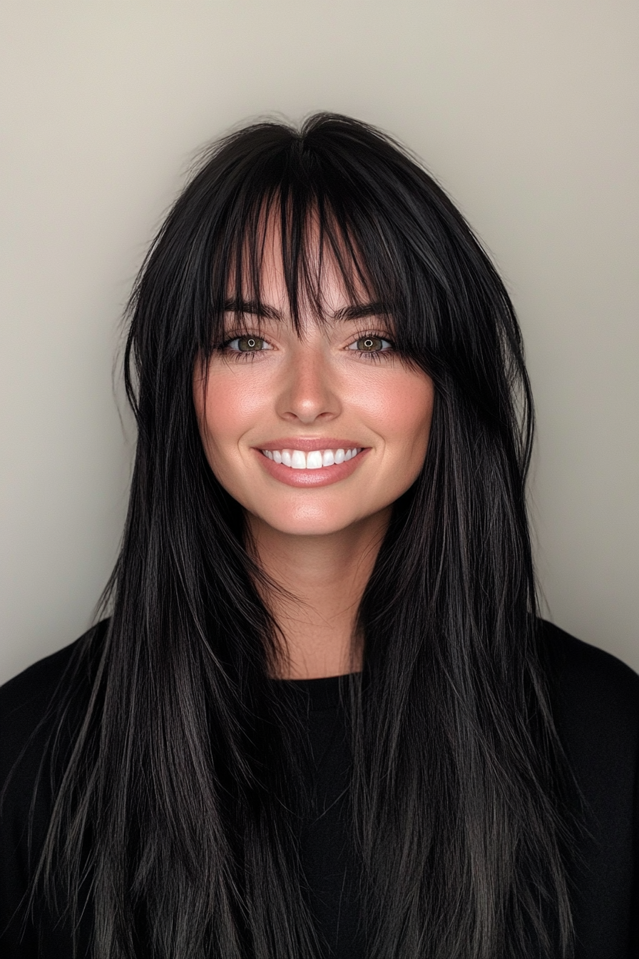 3. Long Layers with Blunt Bangs in Rich Ebony Black (Haircuts With Bangs And Layers) - Haircuts With Bangs And Layers