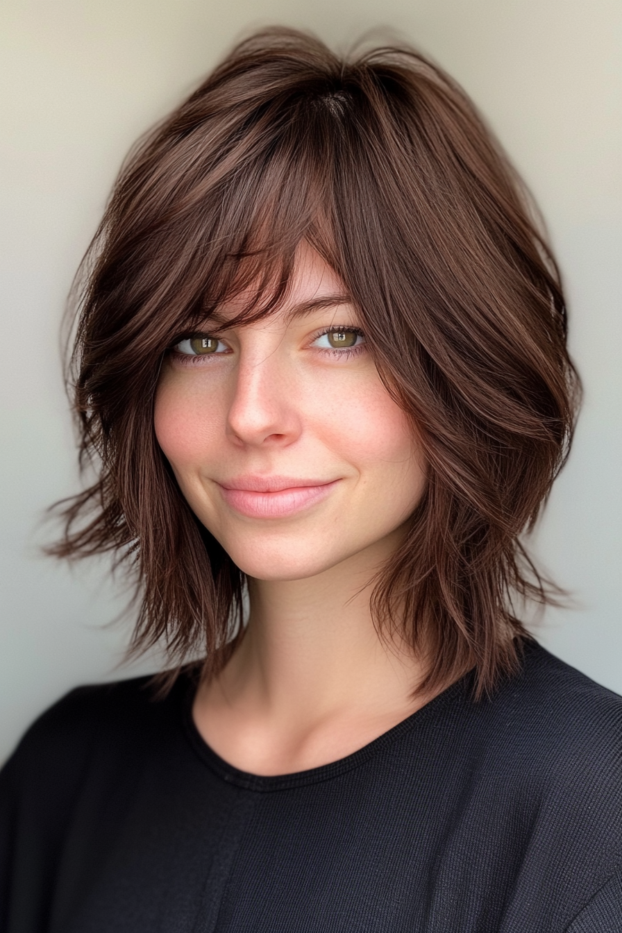 5. Choppy Bob with Micro Bangs in Deep Chocolate Brown (Haircuts With Bangs And Layers) - Haircuts With Bangs And Layers
