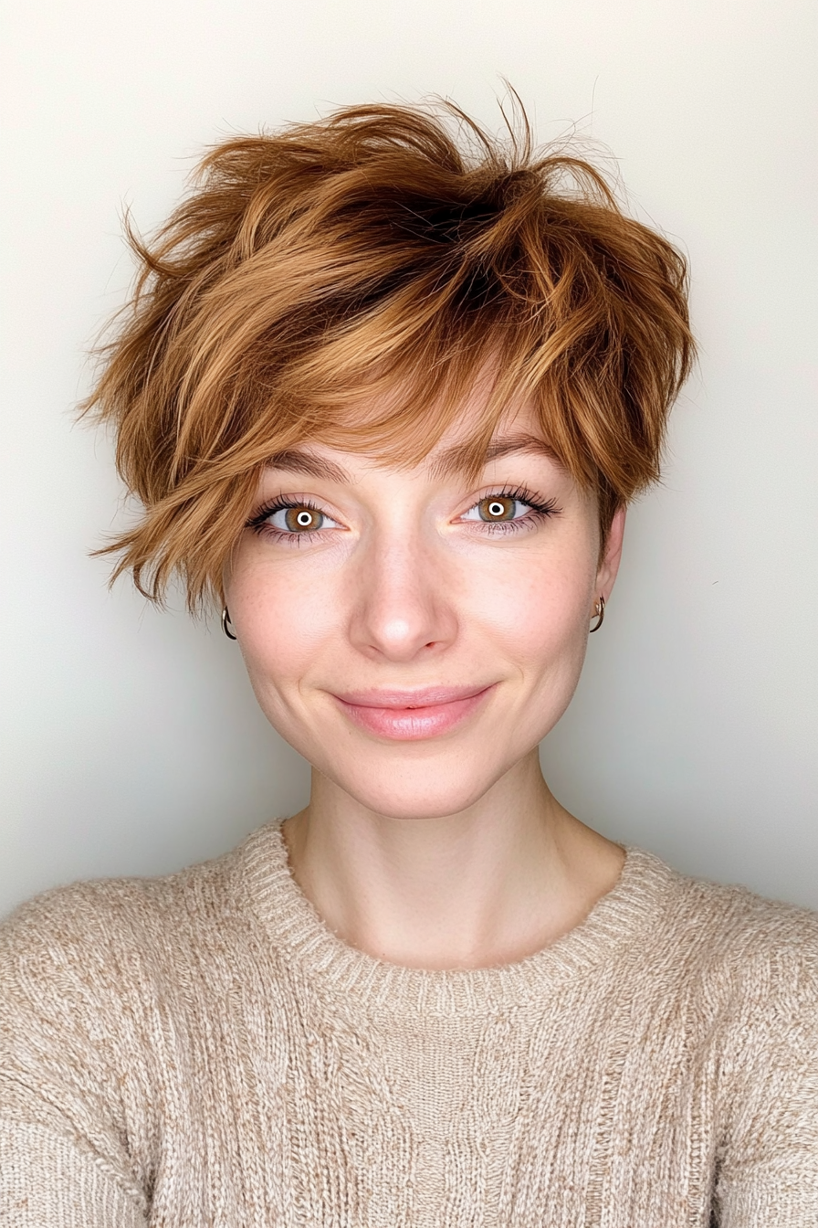 6. Textured Pixie with Baby Bangs in Warm Caramel Brown (Haircuts With Bangs And Layers) - Haircuts With Bangs And Layers
