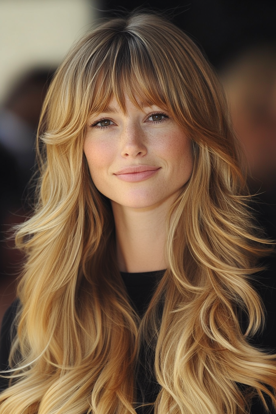 7. Voluminous Layers with Arched Bangs in Golden Honey Blonde (Haircuts With Bangs And Layers) - Haircuts With Bangs And Layers
