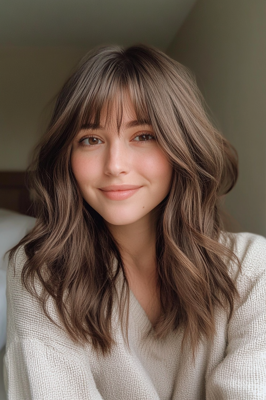 10. Face-Framing Layers with Wispy Bangs in Neutral Dark Brown (Haircuts With Bangs And Layers) - Haircuts With Bangs And Layers