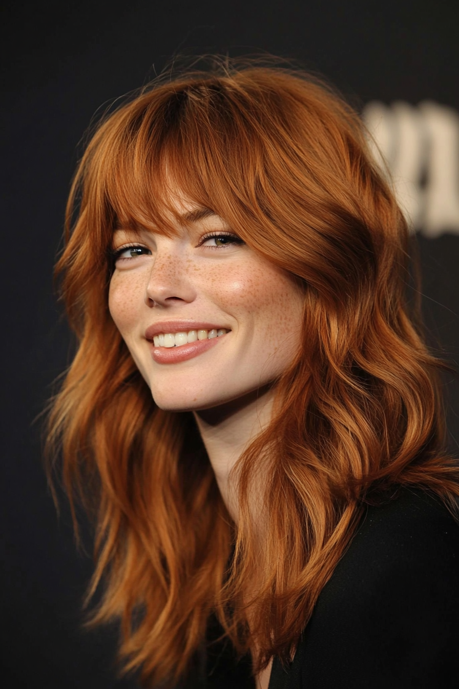 11. Layered Wolf Cut with Curtain Bangs in Soft Auburn (Haircuts With Bangs And Layers) - Haircuts With Bangs And Layers