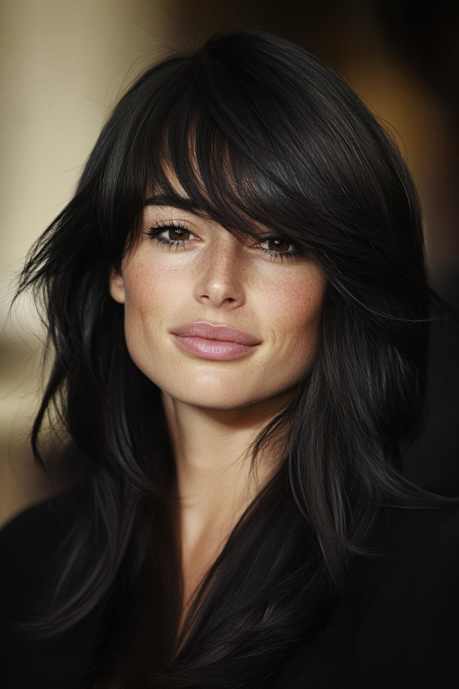 12. Sleek Layers with Side Bangs in Jet Black (Haircuts With Bangs And Layers) - Haircuts With Bangs And Layers