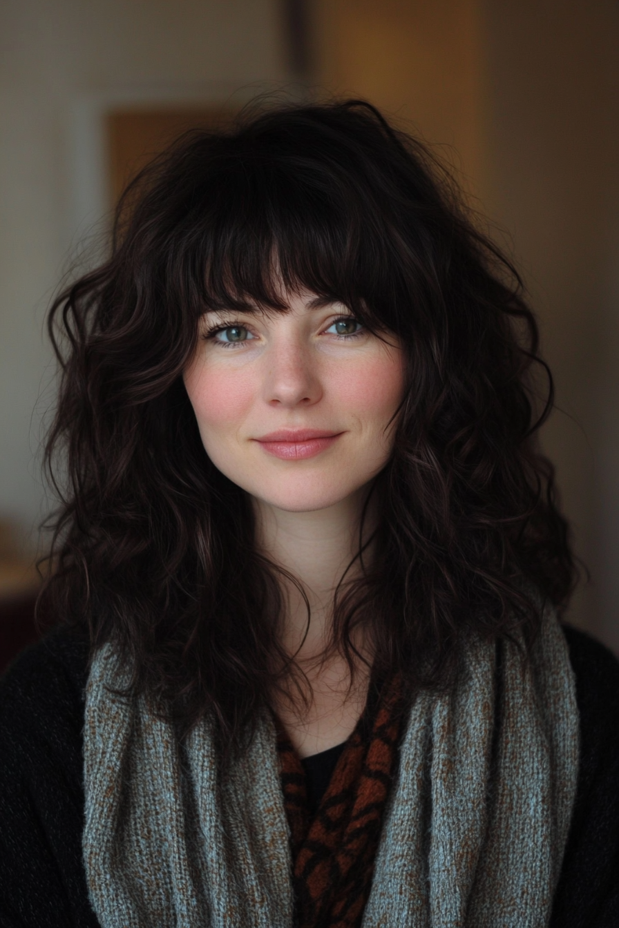 13. Curly Layers with Fringe Bangs in Deep Mahogany (Haircuts With Bangs And Layers) - Haircuts With Bangs And Layers