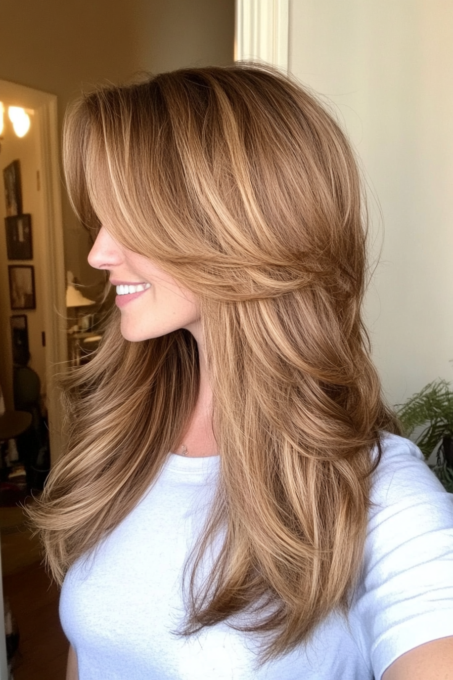 14. Tousled Layers with Long Bangs in Warm Honey Brown (Haircuts With Bangs And Layers) - Haircuts With Bangs And Layers