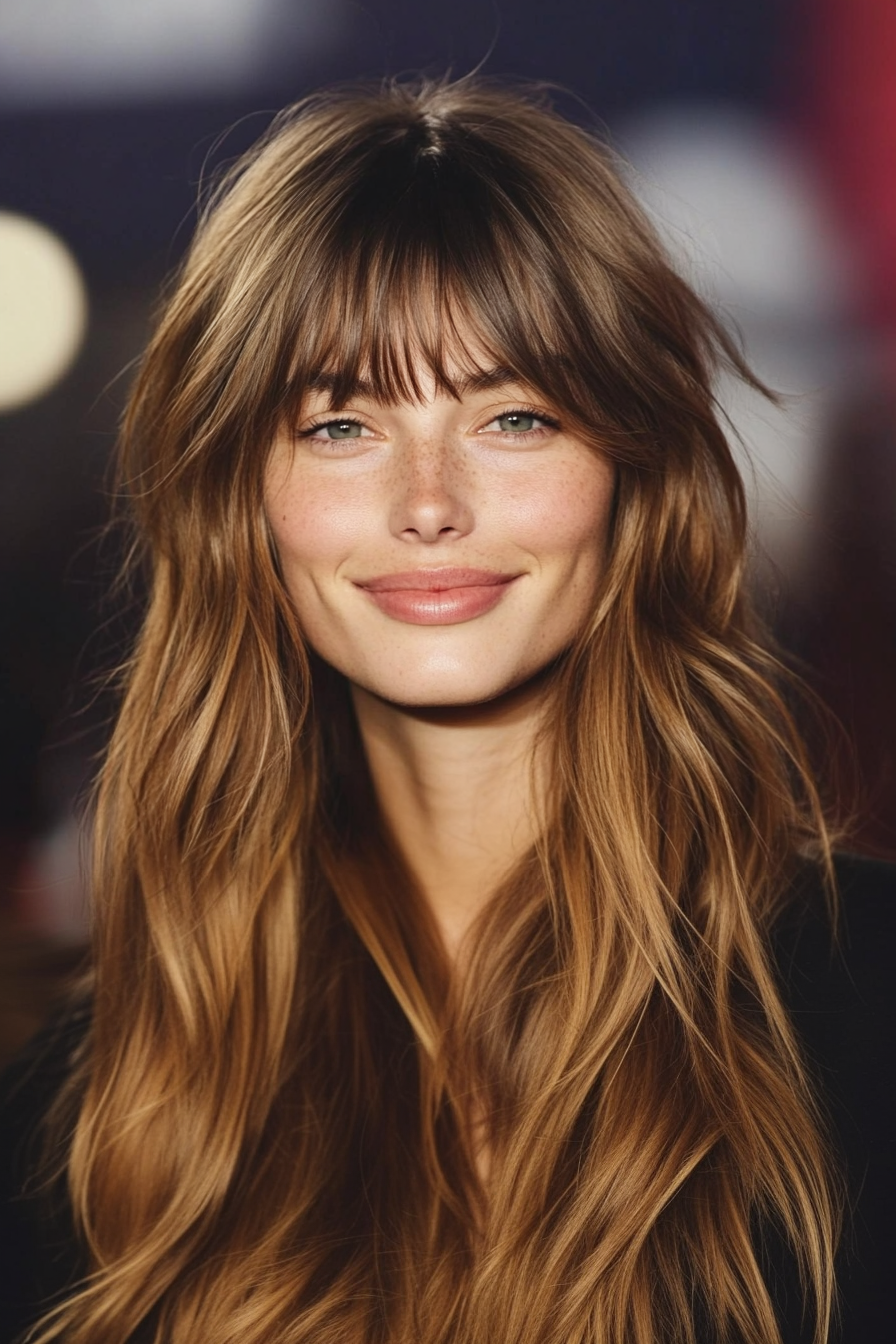16. Boho Layers with Center-Parted Bangs in Medium Golden Brown (Haircuts With Bangs And Layers) - Haircuts With Bangs And Layers