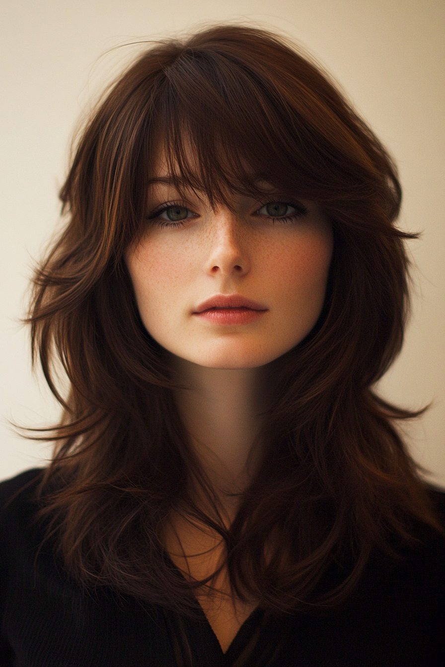 17. Medium Layers with Arched Bangs in Light Caramel Brown (Haircuts With Bangs And Layers) - Haircuts With Bangs And Layers