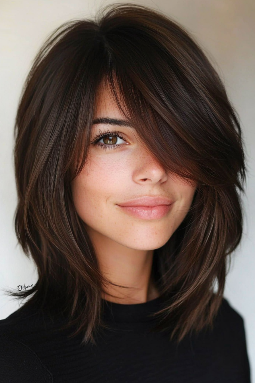 18. Angled Lob with Blunt Bangs in Dark Chocolate Brown (Haircuts With Bangs And Layers) - Haircuts With Bangs And Layers
