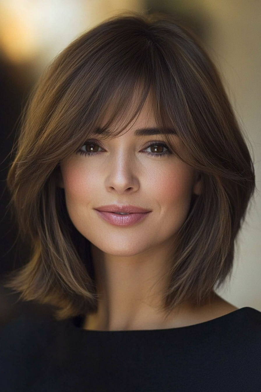 24. Layered Bob with Side-Parted Bangs in Ash Brown (Haircuts With Bangs And Layers) - Haircuts With Bangs And Layers