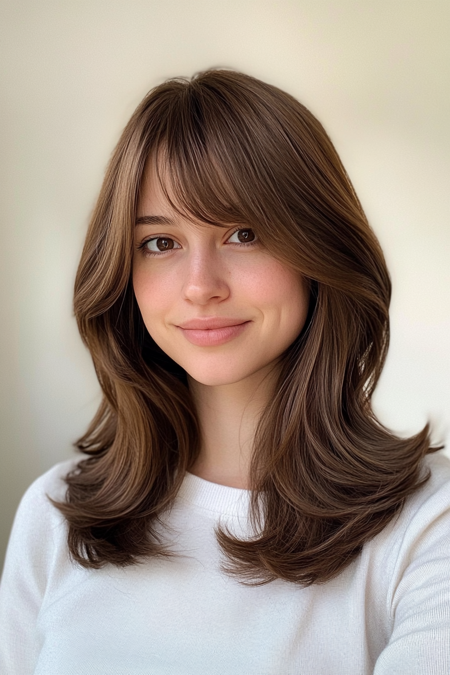 26. Full Layers with Rounded Bangs in Warm Walnut Brown (Haircuts With Bangs And Layers) - Haircuts With Bangs And Layers