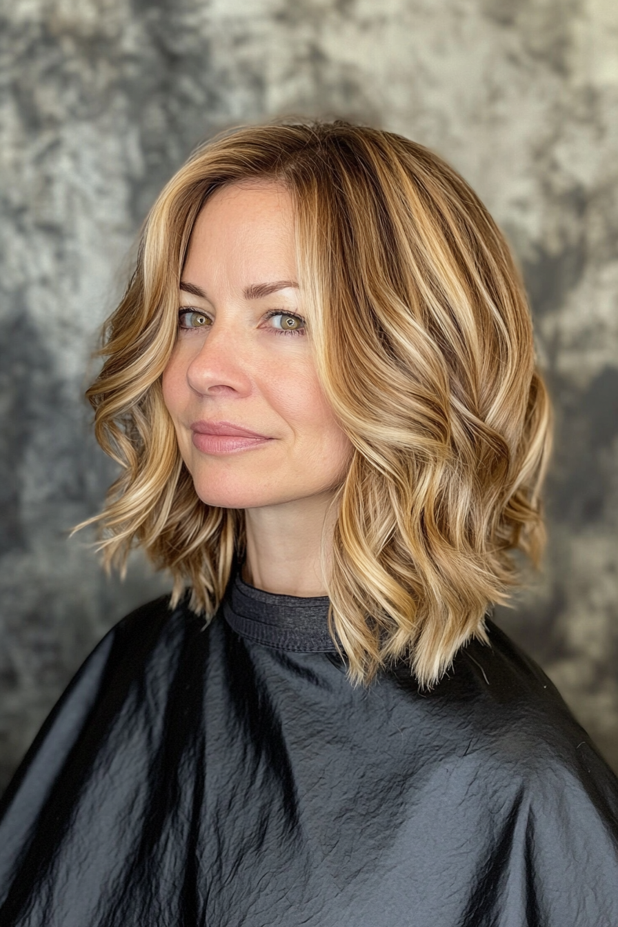 3. Wavy Bob with Golden Blonde Balayage (Medium Length Haircuts For Women Over 50) - Medium Length Haircuts For Women Over 50