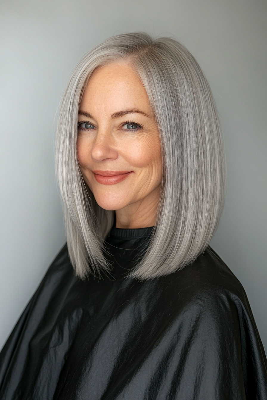 4. Straight Blunt Cut with Silver Gray Sheen (Medium Length Haircuts For Women Over 50) - Medium Length Haircuts For Women Over 50