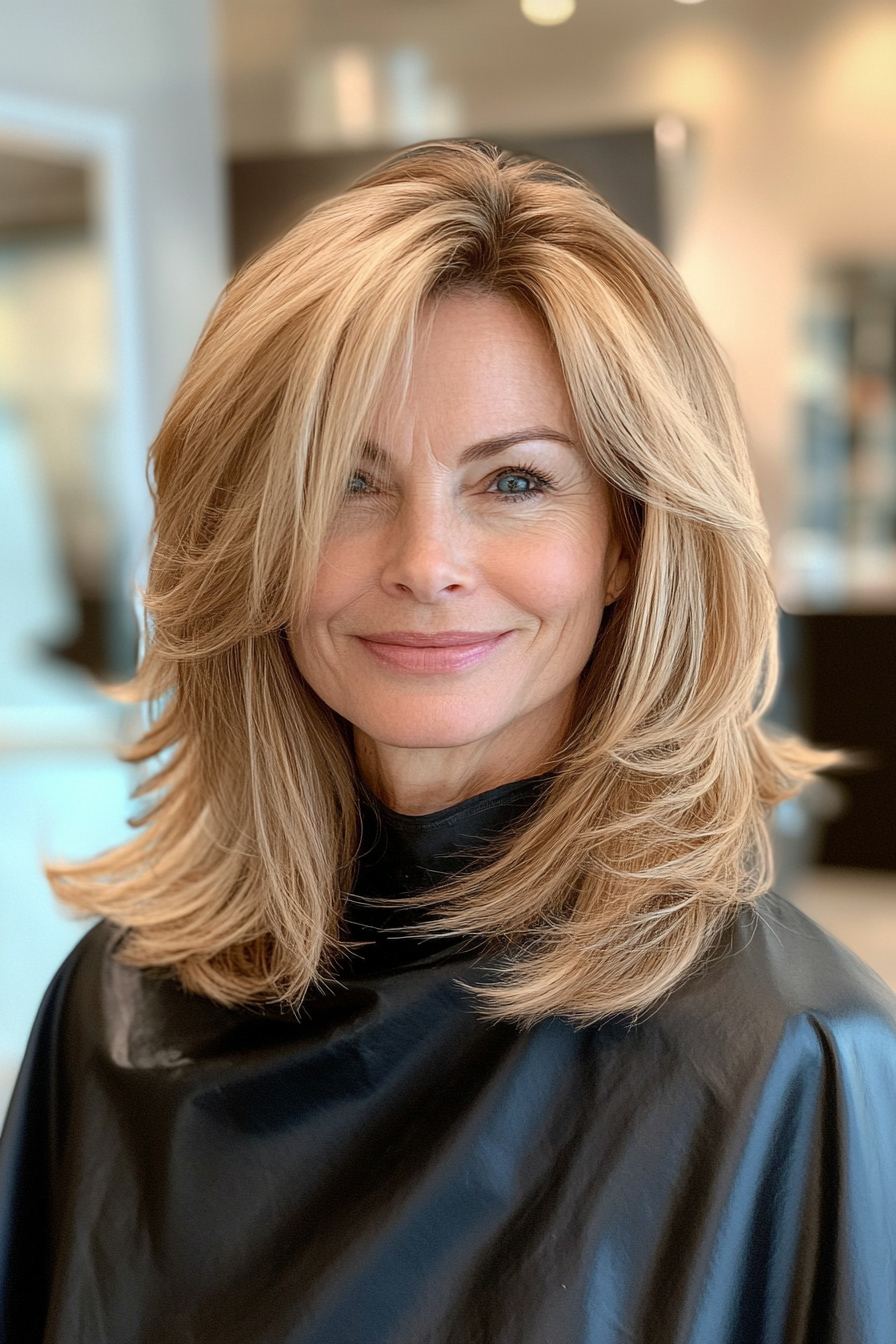 5. Feathered Layers with Sandy Blonde Hues (Medium Length Haircuts For Women Over 50) - Medium Length Haircuts For Women Over 50