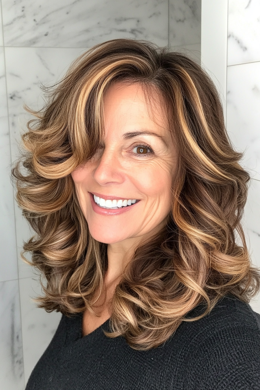 7. Soft Curls with Caramel Brown Balayage (Medium Length Haircuts For Women Over 50) - Medium Length Haircuts For Women Over 50