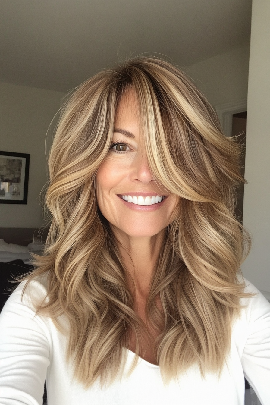 8. Tousled Waves with Honey Blonde Accents (Medium Length Haircuts For Women Over 50) - Medium Length Haircuts For Women Over 50
