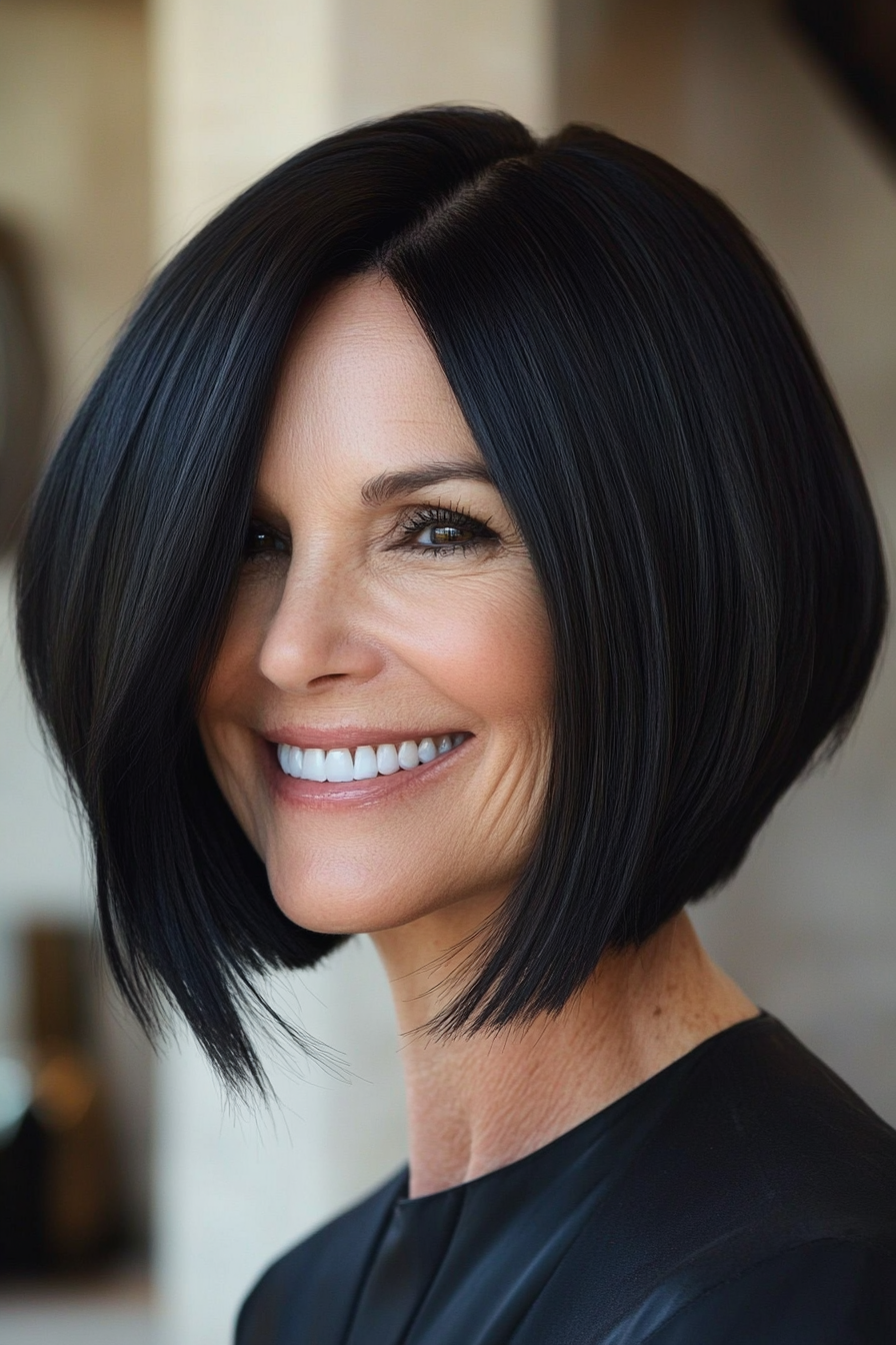 9. Angled Bob with Natural Black Gloss (Medium Length Haircuts For Women Over 50) - Medium Length Haircuts For Women Over 50