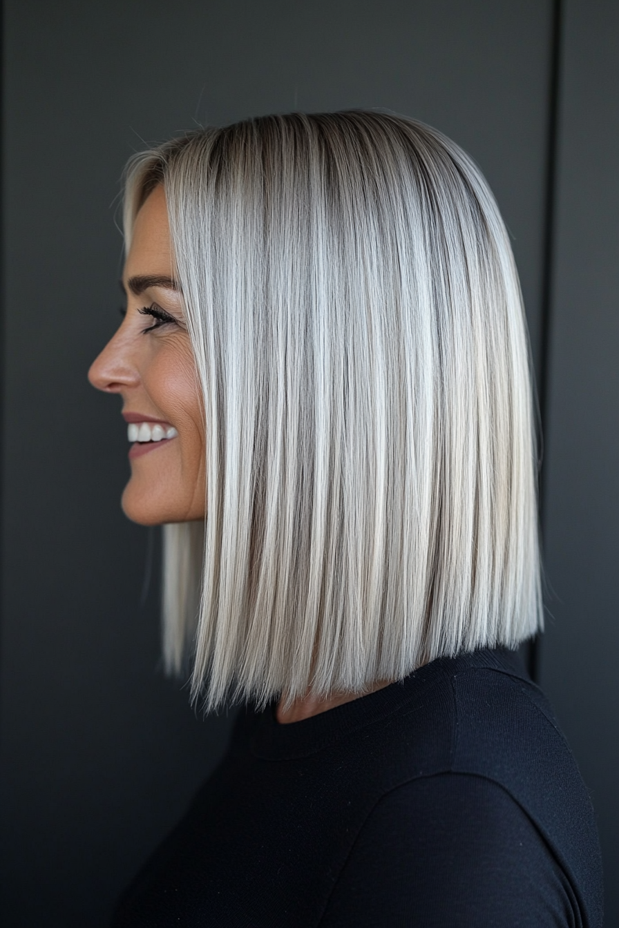 11. Straight Lob with Icy Blonde Highlights (Medium Length Haircuts For Women Over 50) - Medium Length Haircuts For Women Over 50