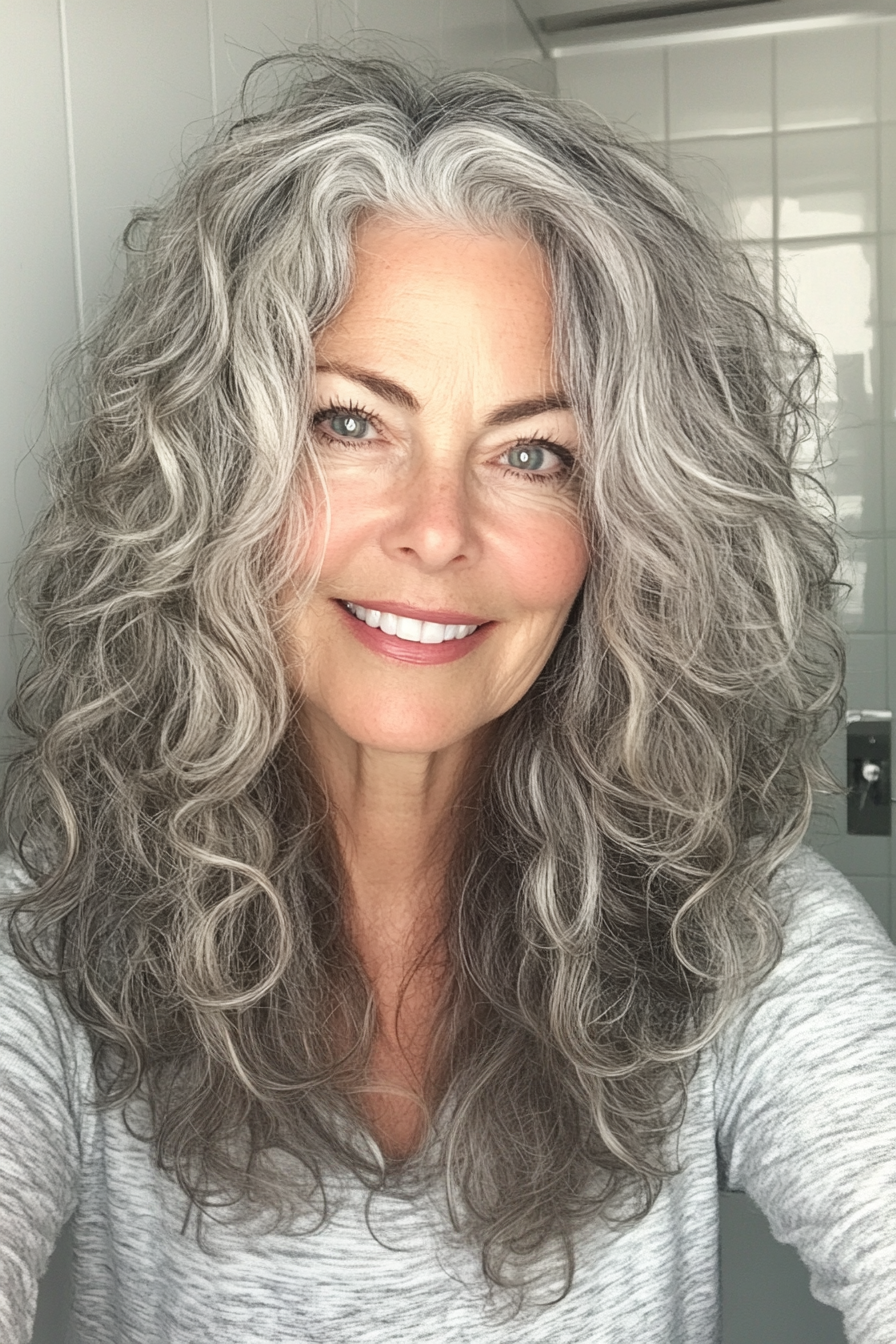 12. Curly Shag with Salt-and-Pepper Streaks (Medium Length Haircuts For Women Over 50) - Medium Length Haircuts For Women Over 50