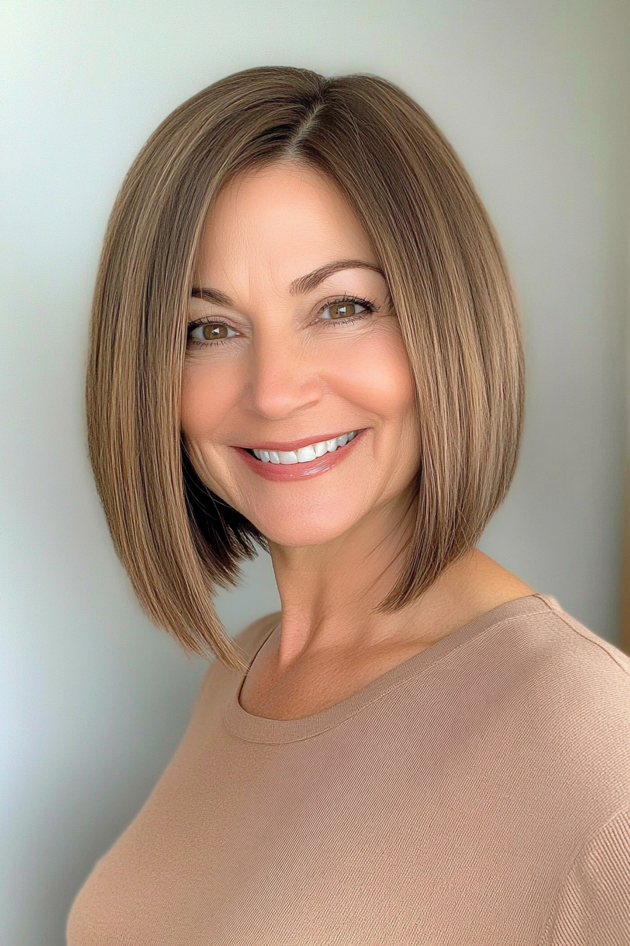 13. Blunt Lob with Golden Brown Undertones (Medium Length Haircuts For Women Over 50) - Medium Length Haircuts For Women Over 50