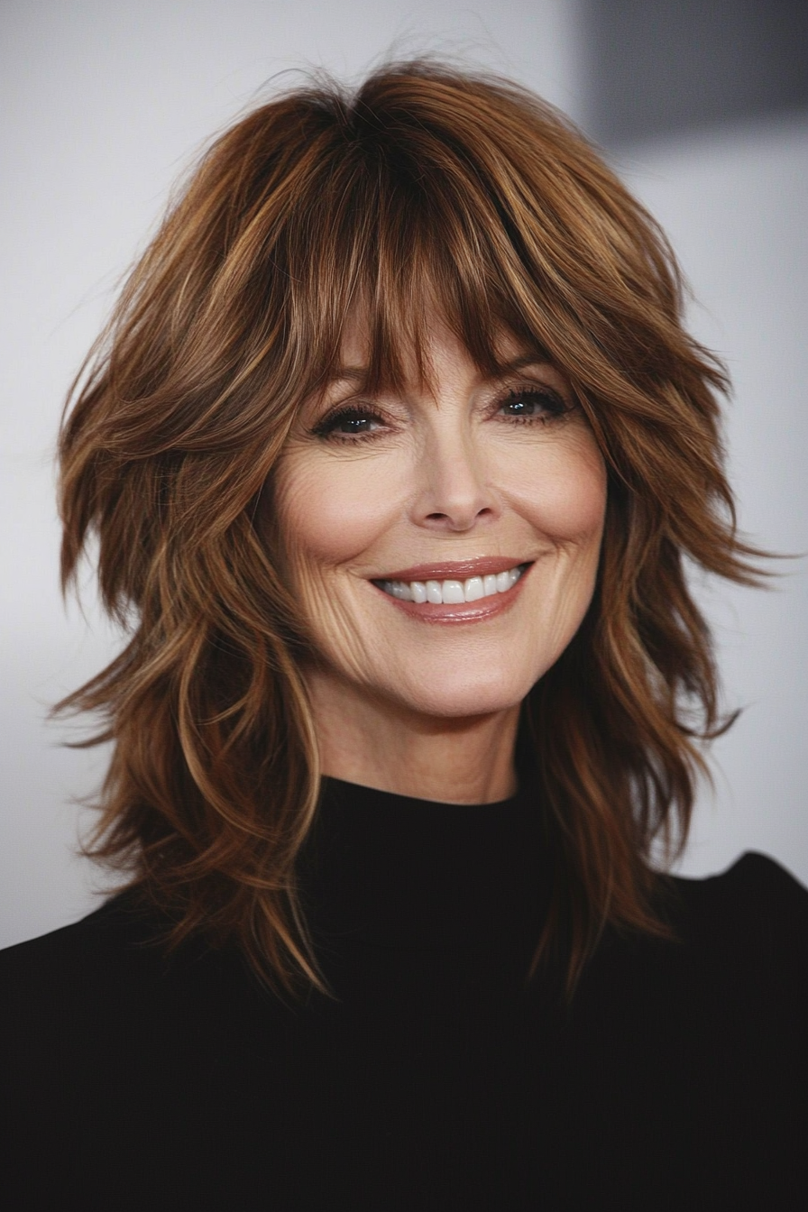 14. Choppy Layers with Dark Auburn Lowlights (Medium Length Haircuts For Women Over 50) - Medium Length Haircuts For Women Over 50