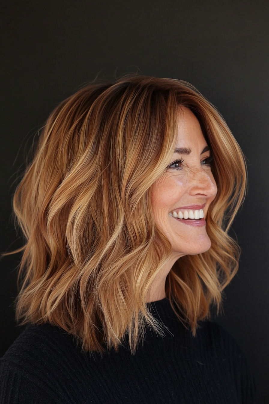 15. Wavy Lob with Subtle Cinnamon Hues (Medium Length Haircuts For Women Over 50) - Medium Length Haircuts For Women Over 50