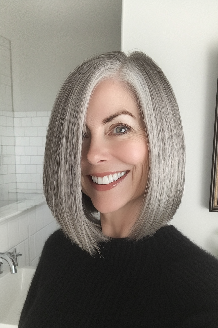 16. Shoulder-Length Bob with Warm Gray Glow (Medium Length Haircuts For Women Over 50) - Medium Length Haircuts For Women Over 50